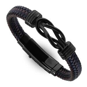 Mens Black Braided Leather Cross Bracelet Stainless Steel Onyx